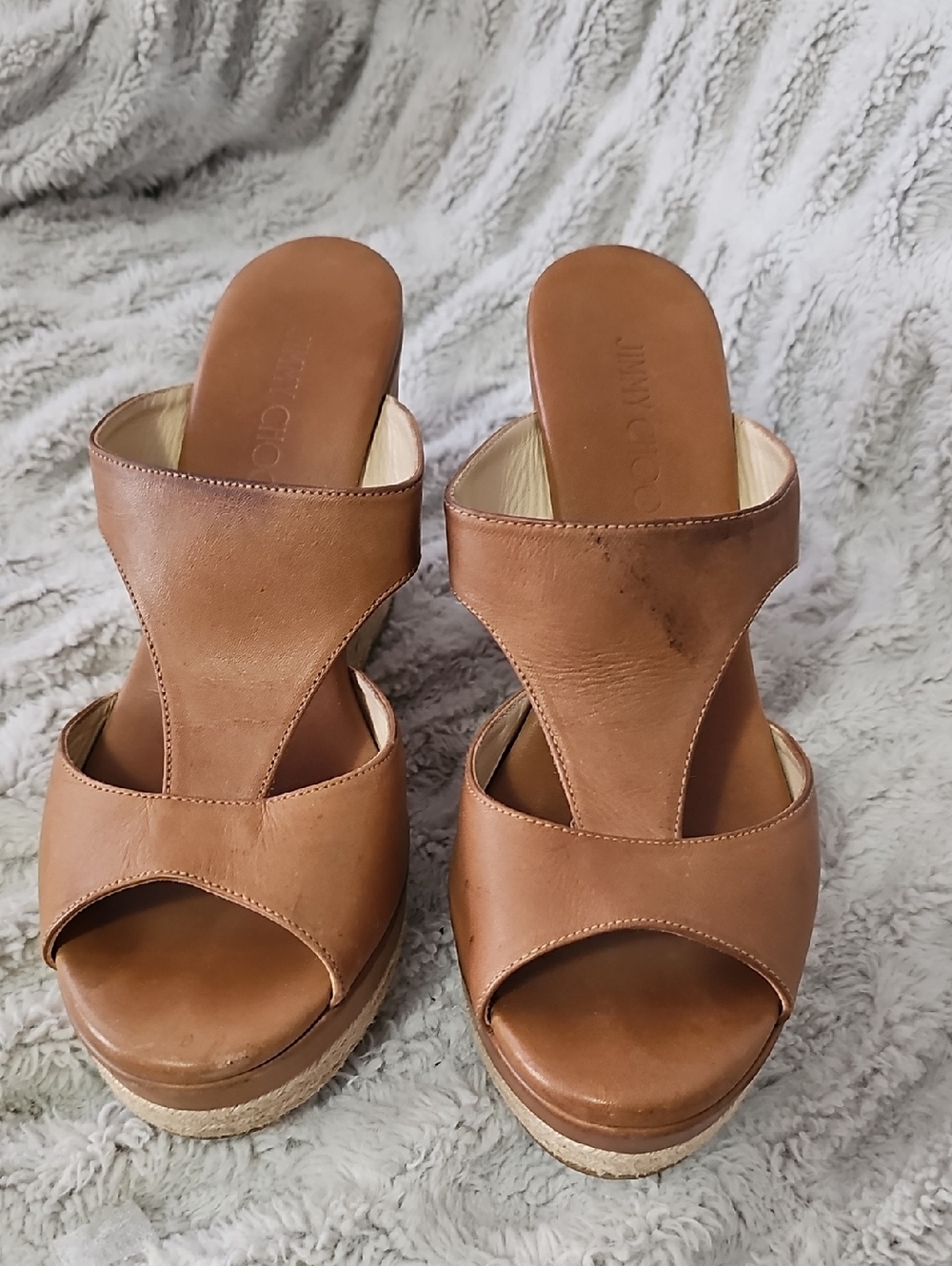 Jimmy Choo Tan Leather Wedge Sandals